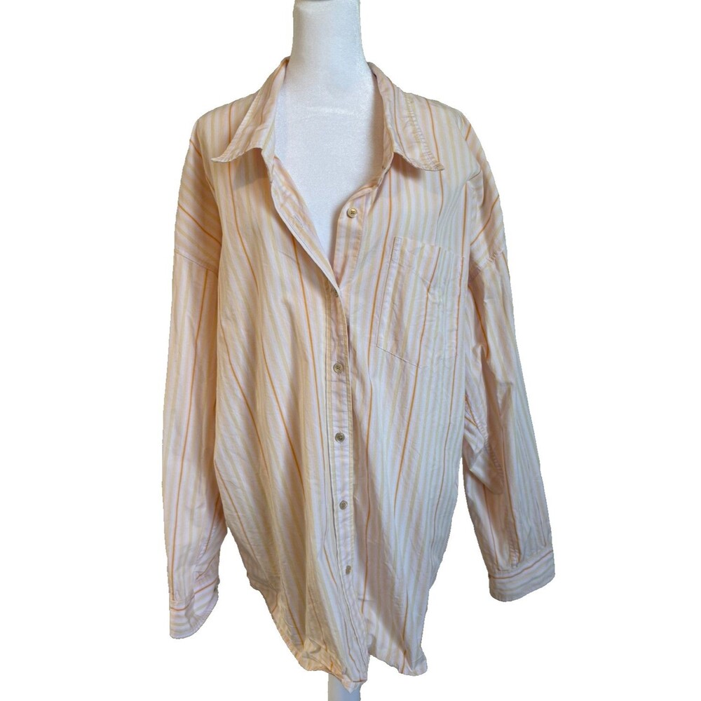 Aritzia Wilfred Striped Cotton Shirt Relaxed Boyfriend Button Up Top Size XL